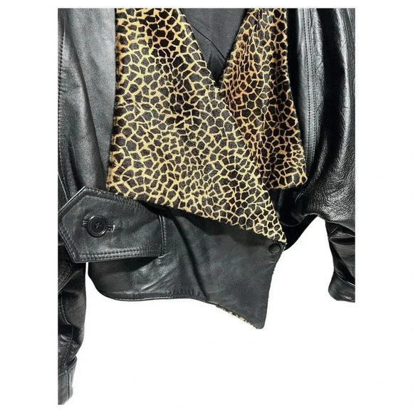 Giovinezza Moda Rocco D’Amelio BLACK LEATHER 80s Jacket Leopard Calf Hair Size M - Picture 5 of 12